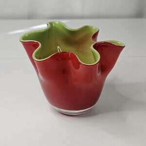 60s Murano Glass Handkerchief Red Green Ruffle Vase MCM Retro Vintage Handblown